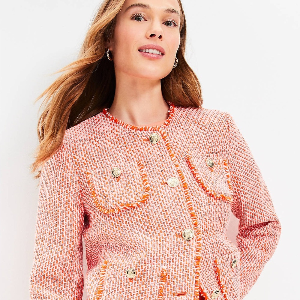 LOFT Fringe Orange, Pink, and White Tweed Blazer. Preppy. Old Money.